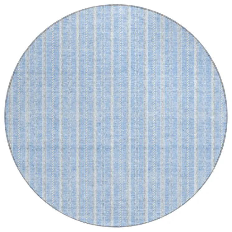 8' Sky Blue And Ivory Round Striped Washable Indoor Outdoor Area Rug