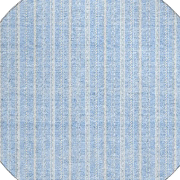 8' Sky Blue And Ivory Round Striped Washable Indoor Outdoor Area Rug