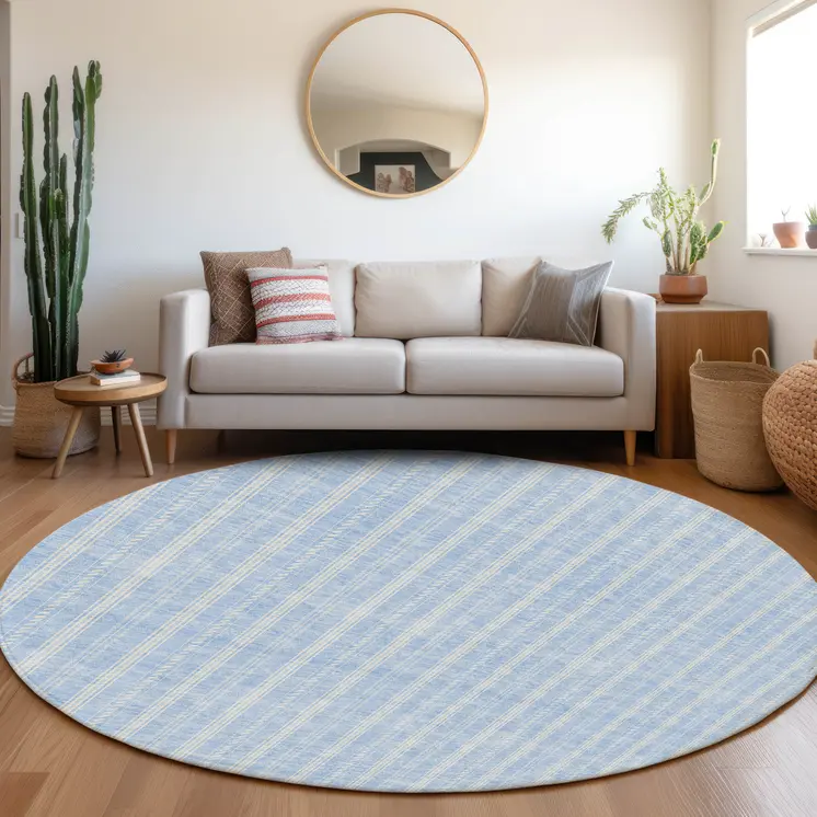 8' Sky Blue And Ivory Round Striped Washable Indoor Outdoor Area Rug