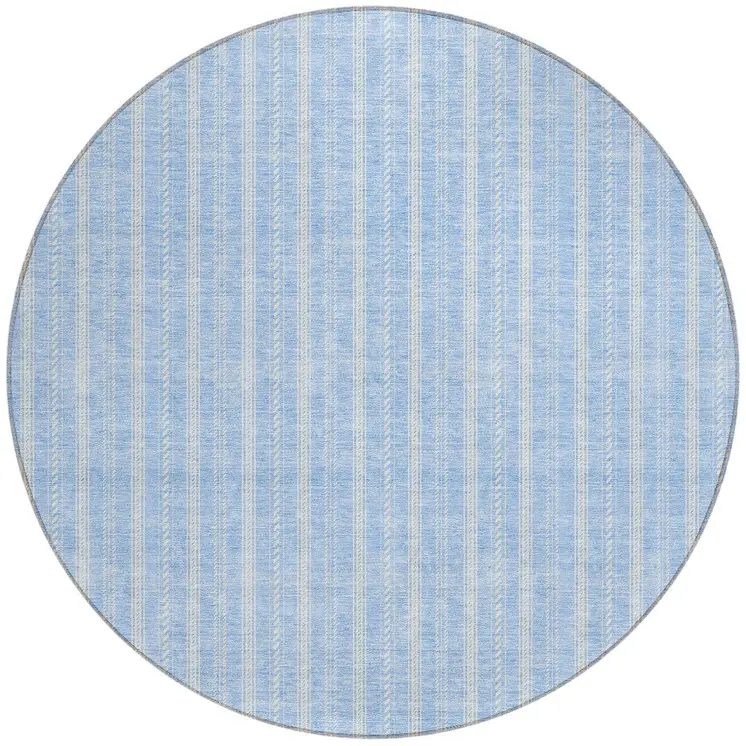 8' Sky Blue And Ivory Round Striped Washable Indoor Outdoor Area Rug