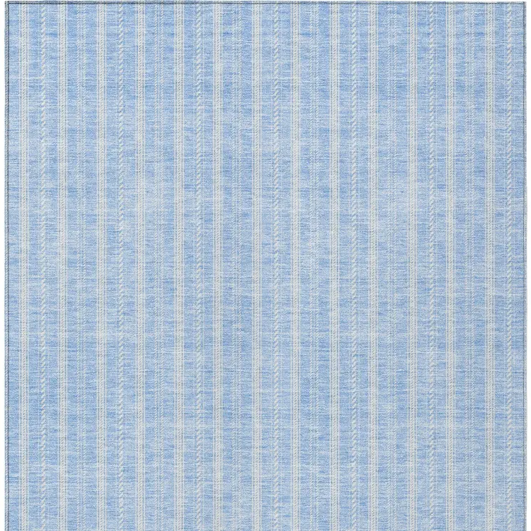 9' X 12' Sky Blue And Ivory Striped Washable Indoor Outdoor Area Rug