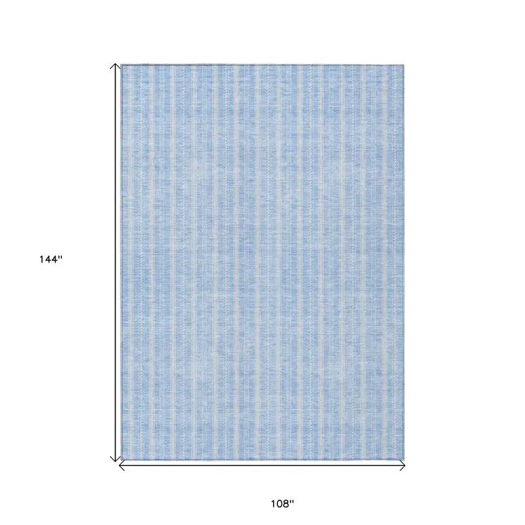 9' X 12' Sky Blue And Ivory Striped Washable Indoor Outdoor Area Rug