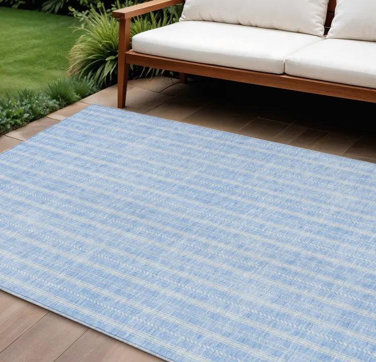 9' X 12' Sky Blue And Ivory Striped Washable Indoor Outdoor Area Rug