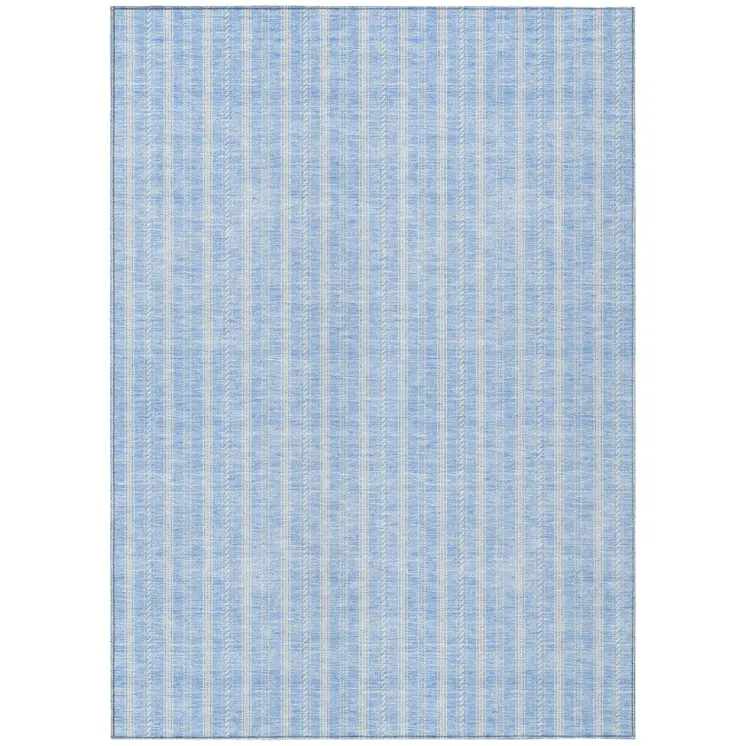 9' X 12' Sky Blue And Ivory Striped Washable Indoor Outdoor Area Rug
