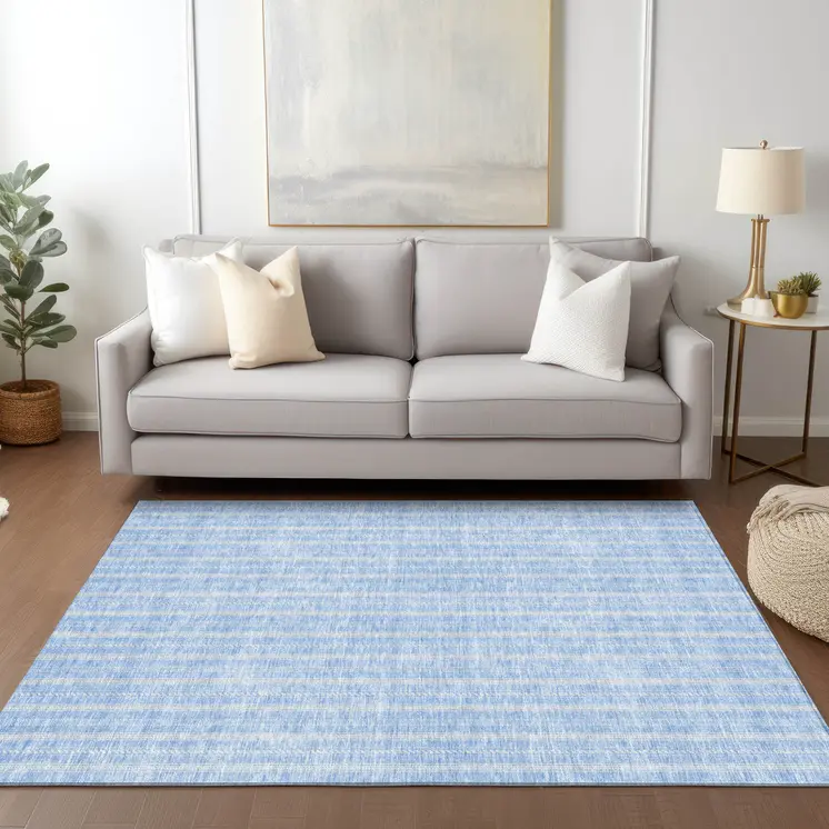 9' X 12' Sky Blue And Ivory Striped Washable Indoor Outdoor Area Rug