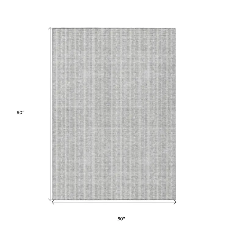 5' X 8' Silver And Ivory Striped Washable Indoor Outdoor Area Rug
