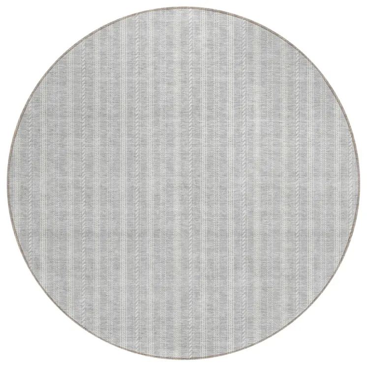 8' Silver And Ivory Round Striped Washable Indoor Outdoor Area Rug