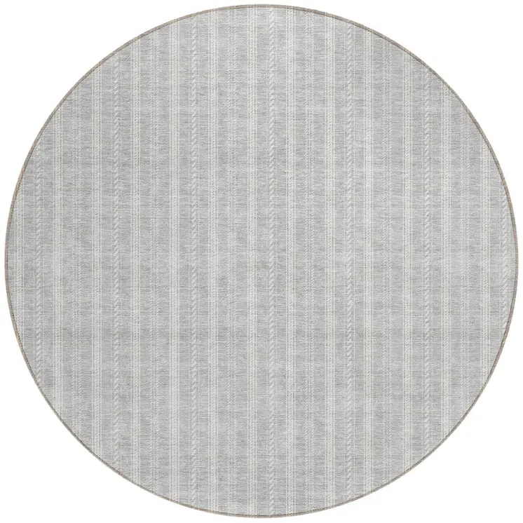 8' Silver And Ivory Round Striped Washable Indoor Outdoor Area Rug
