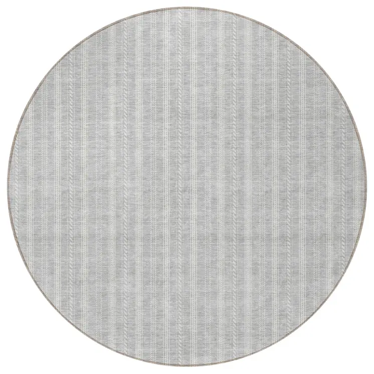 8' Silver And Ivory Round Striped Washable Indoor Outdoor Area Rug