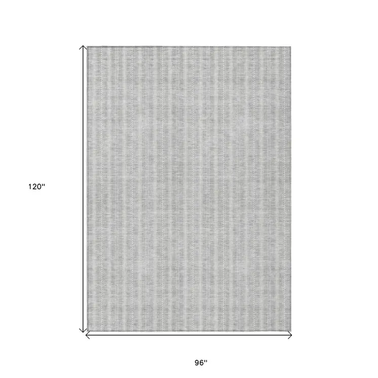8' X 10' Silver And Ivory Striped Washable Indoor Outdoor Area Rug