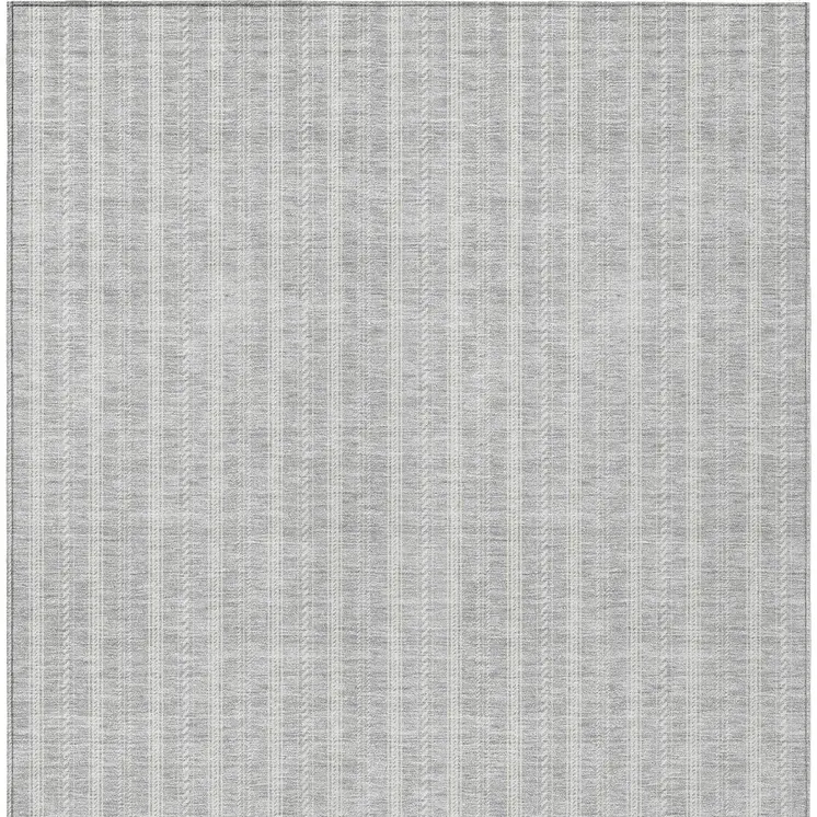 9' X 12' Silver And Ivory Striped Washable Indoor Outdoor Area Rug