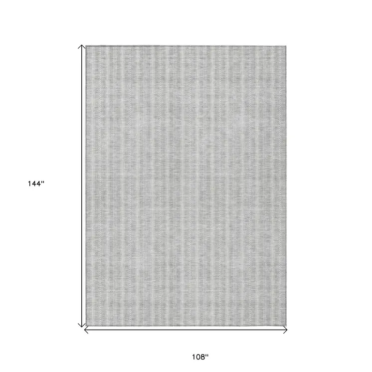 9' X 12' Silver And Ivory Striped Washable Indoor Outdoor Area Rug