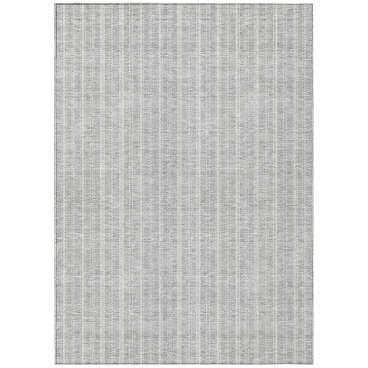 9' X 12' Silver And Ivory Striped Washable Indoor Outdoor Area Rug