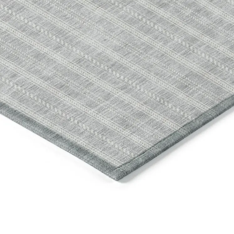 9' X 12' Silver And Ivory Striped Washable Indoor Outdoor Area Rug