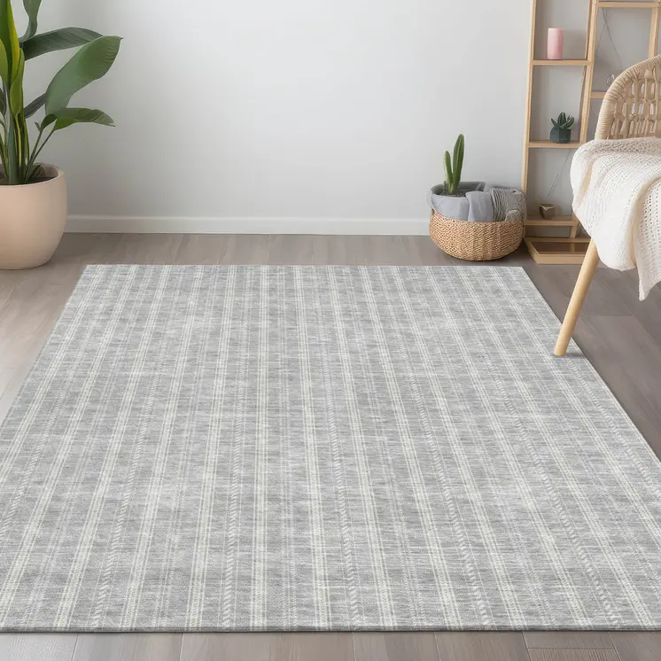 9' X 12' Silver And Ivory Striped Washable Indoor Outdoor Area Rug