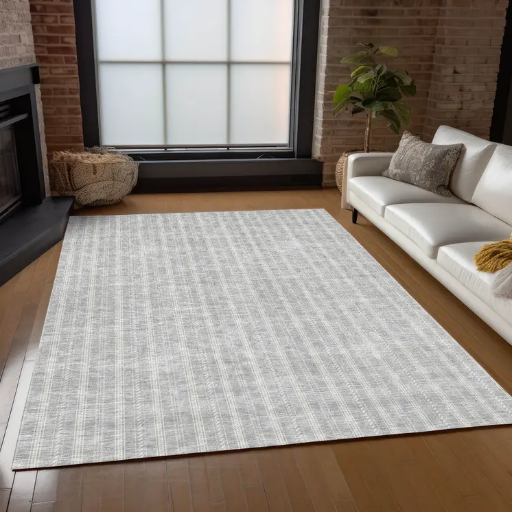 9' X 12' Silver And Ivory Striped Washable Indoor Outdoor Area Rug