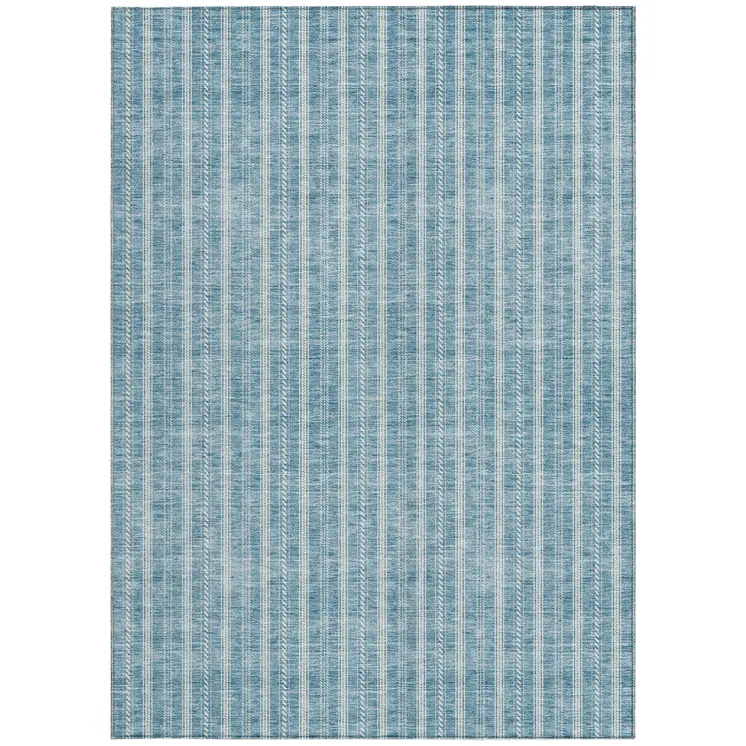 3' X 5' Teal Blue And Ivory Striped Washable Indoor Outdoor Area Rug