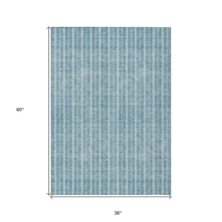 3' X 5' Teal Blue And Ivory Striped Washable Indoor Outdoor Area Rug
