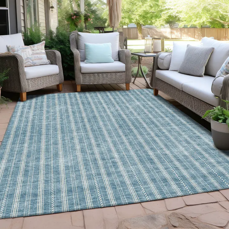 3' X 5' Teal Blue And Ivory Striped Washable Indoor Outdoor Area Rug