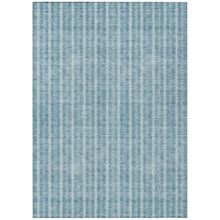 3' X 5' Teal Blue And Ivory Striped Washable Indoor Outdoor Area Rug