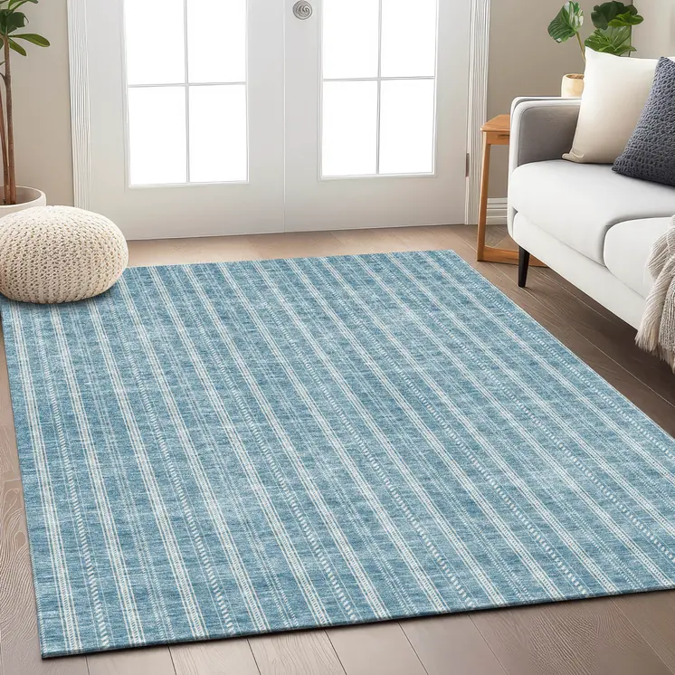 3' X 5' Teal Blue And Ivory Striped Washable Indoor Outdoor Area Rug