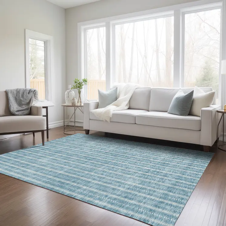 3' X 5' Teal Blue And Ivory Striped Washable Indoor Outdoor Area Rug
