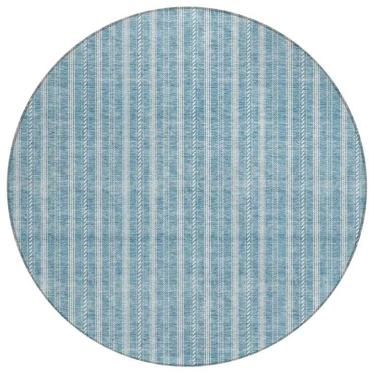 8' Teal Blue And Ivory Round Striped Washable Indoor Outdoor Area Rug
