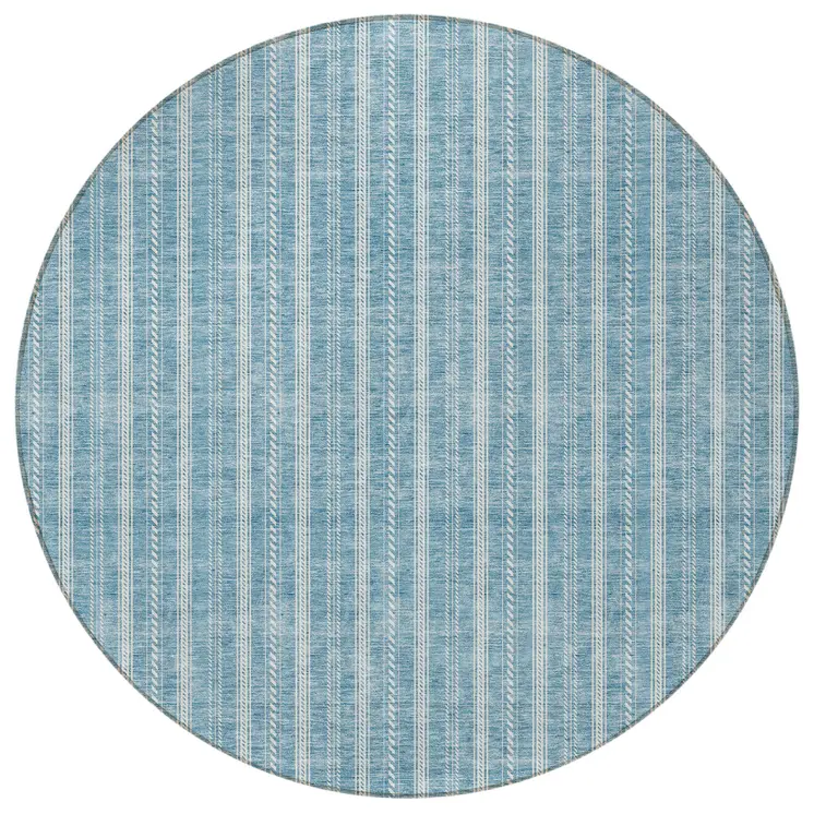 8' Teal Blue And Ivory Round Striped Washable Indoor Outdoor Area Rug