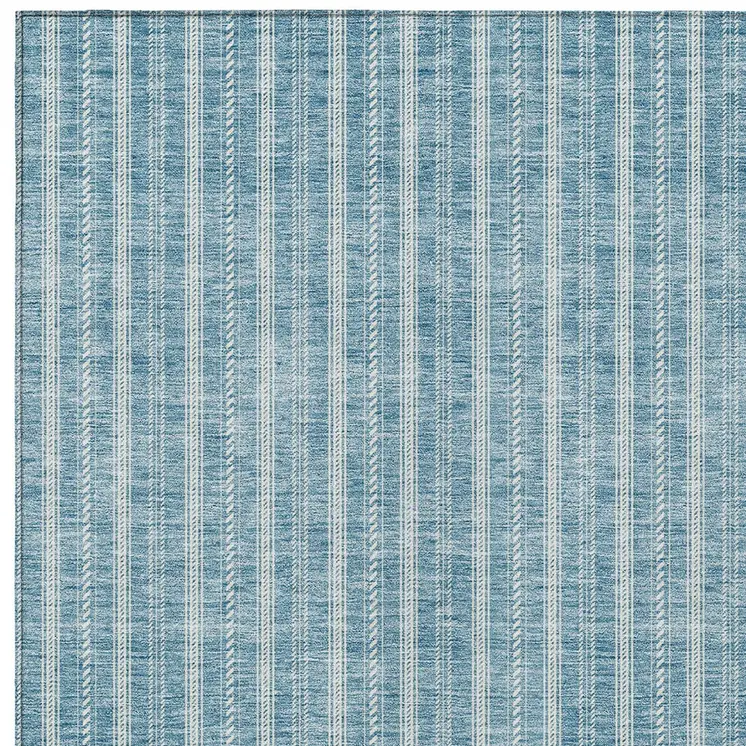 8' X 10' Teal Blue And Ivory Striped Washable Indoor Outdoor Area Rug