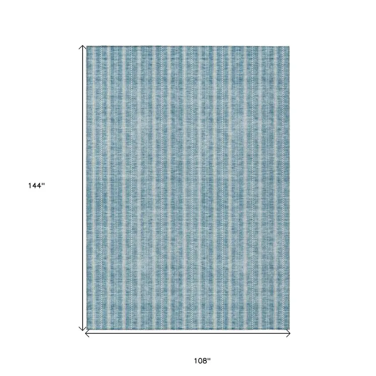 9' X 12' Teal Blue And Ivory Striped Washable Indoor Outdoor Area Rug