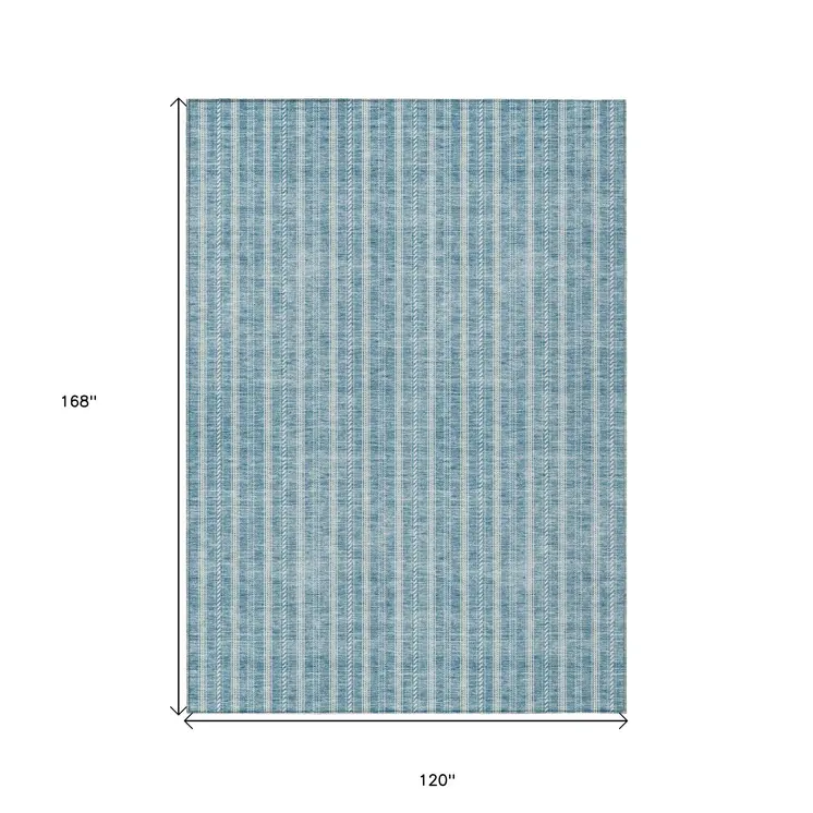 10' X 14' Teal Blue And Ivory Striped Washable Indoor Outdoor Area Rug