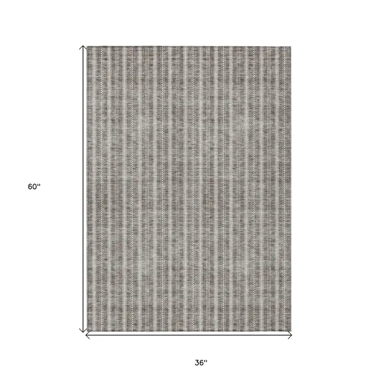 3' X 5' Taupe And Ivory Striped Washable Indoor Outdoor Area Rug