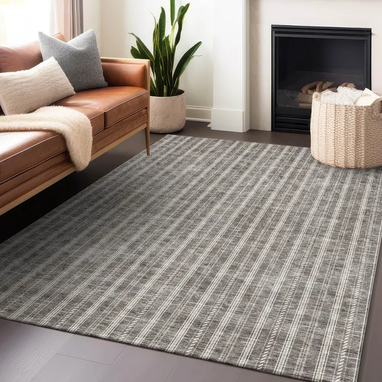 3' X 5' Taupe And Ivory Striped Washable Indoor Outdoor Area Rug