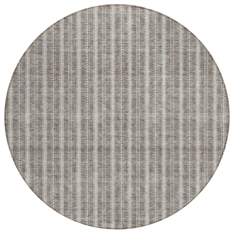 8' Taupe And Ivory Round Striped Washable Indoor Outdoor Area Rug