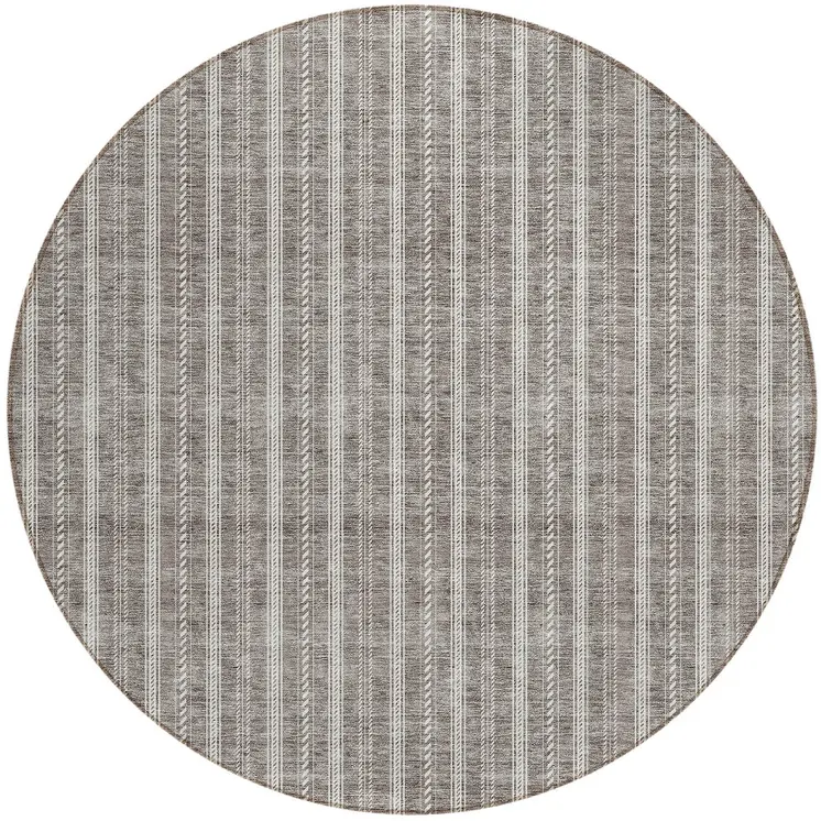 8' Taupe And Ivory Round Striped Washable Indoor Outdoor Area Rug