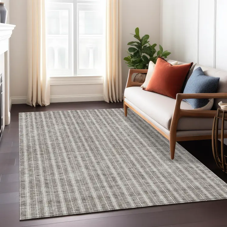 8' X 10' Taupe And Ivory Striped Washable Indoor Outdoor Area Rug