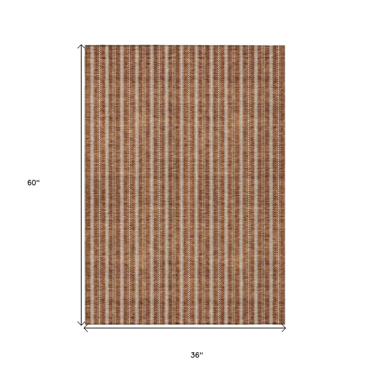 3' X 5' Terra Cotta And Ivory Striped Washable Indoor Outdoor Area Rug