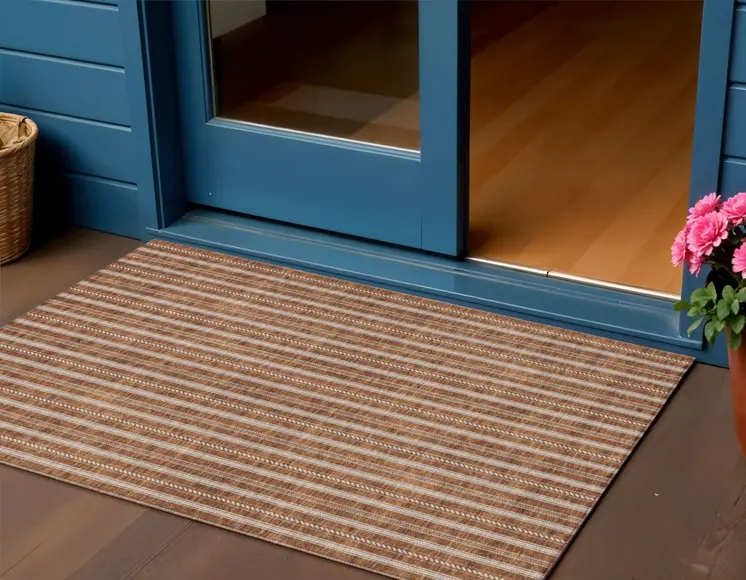 3' X 5' Terra Cotta And Ivory Striped Washable Indoor Outdoor Area Rug
