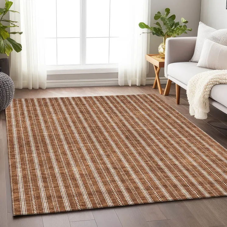 3' X 5' Terra Cotta And Ivory Striped Washable Indoor Outdoor Area Rug