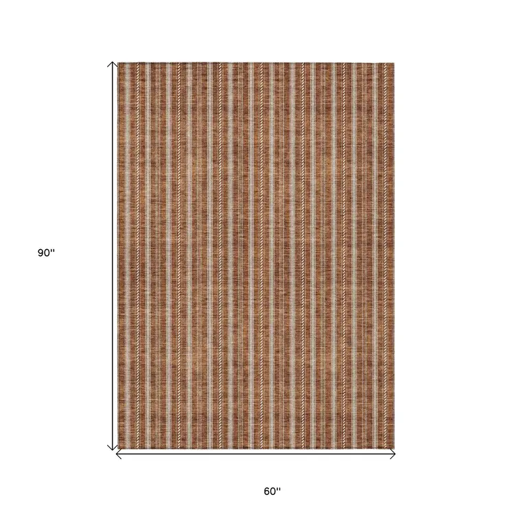 5' X 8' Terra Cotta And Ivory Striped Washable Indoor Outdoor Area Rug