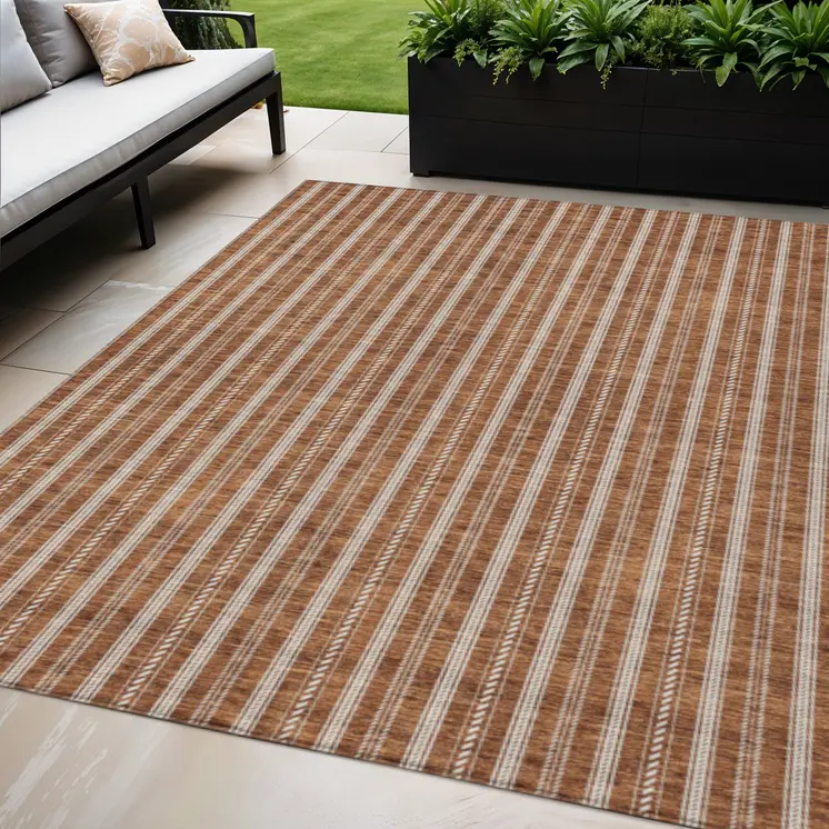5' X 8' Terra Cotta And Ivory Striped Washable Indoor Outdoor Area Rug