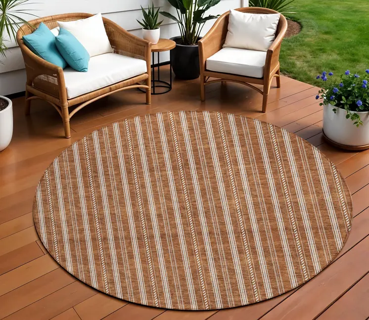 8' Terra Cotta And Ivory Round Striped Washable Indoor Outdoor Area Rug