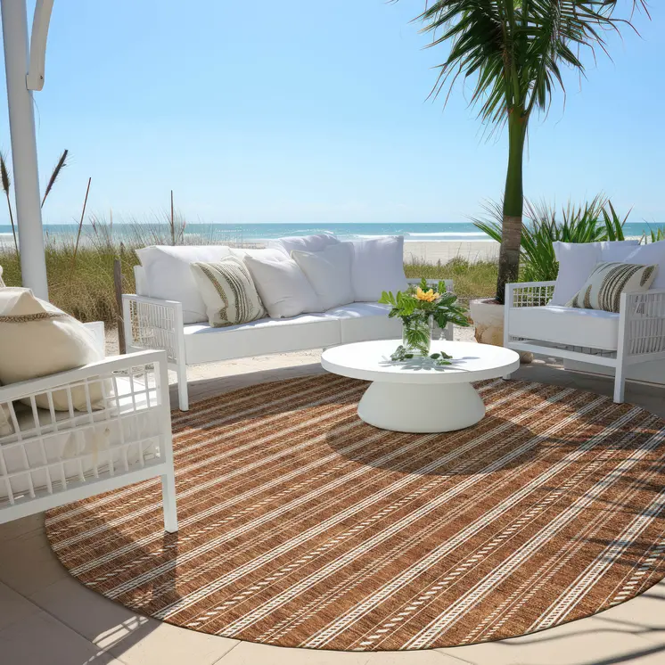 8' Terra Cotta And Ivory Round Striped Washable Indoor Outdoor Area Rug