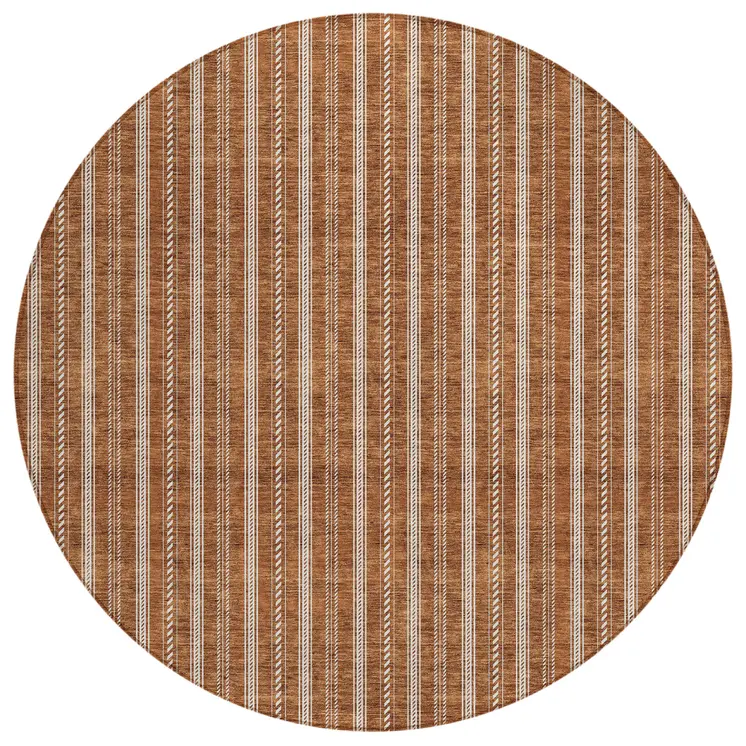 8' Terra Cotta And Ivory Round Striped Washable Indoor Outdoor Area Rug
