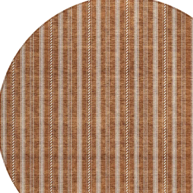 8' Terra Cotta And Ivory Round Striped Washable Indoor Outdoor Area Rug