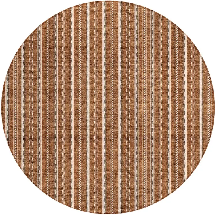 8' Terra Cotta And Ivory Round Striped Washable Indoor Outdoor Area Rug
