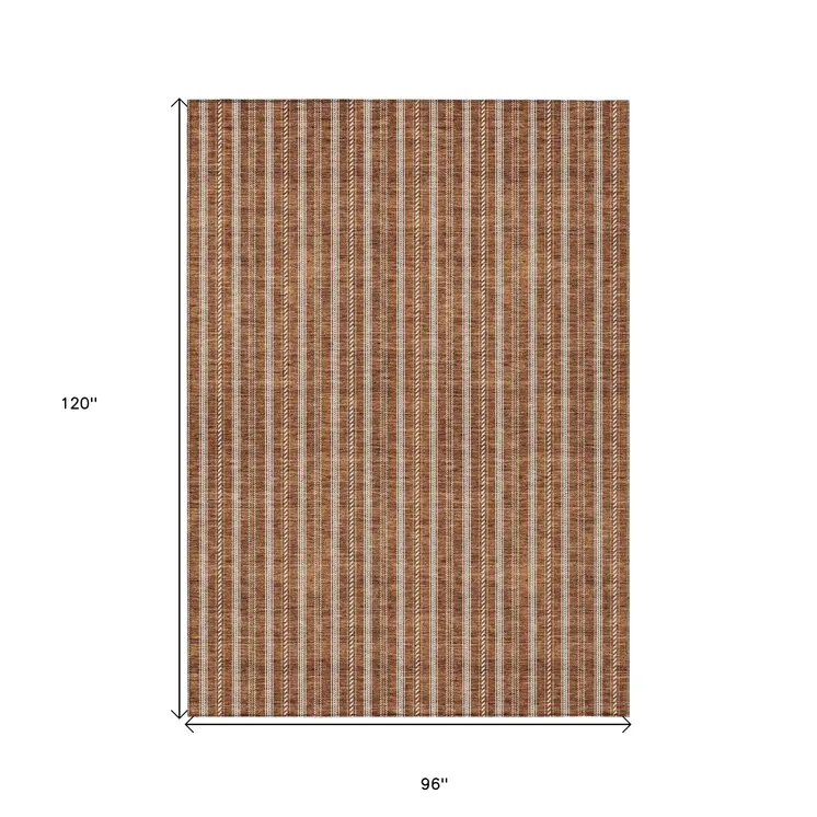 8' X 10' Terra Cotta And Ivory Striped Washable Indoor Outdoor Area Rug