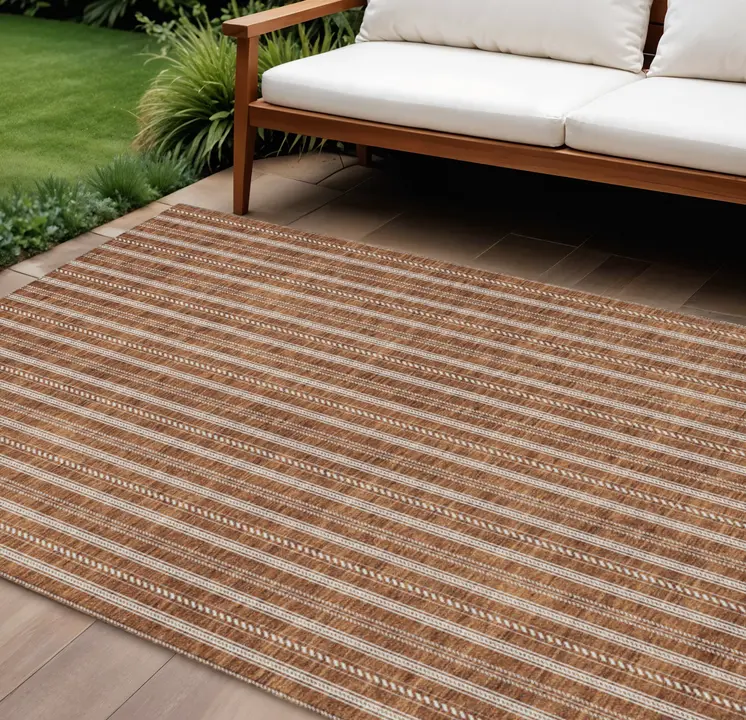 10' X 14' Terra Cotta And Ivory Striped Washable Indoor Outdoor Area Rug