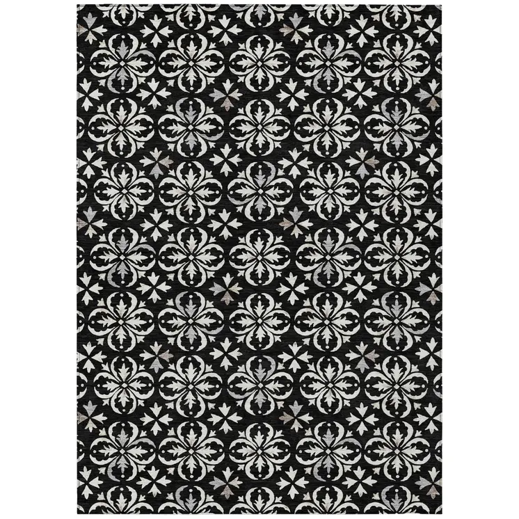 5' X 8' Black And Ivory Floral Washable Indoor Outdoor Area Rug