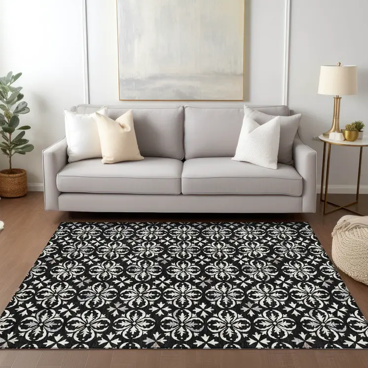 5' X 8' Black And Ivory Floral Washable Indoor Outdoor Area Rug